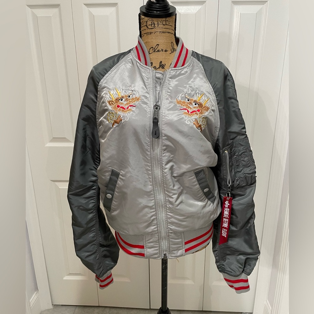 Alpha Industries Double Dragon Silver Slim Fit Bomber Jacket